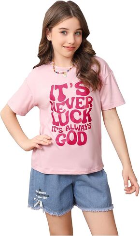 SweatyRocks Girl's Cute Letter Print Graphic Tees Short Sleeve Crewneck Casual Loose T Shirt Tops in Kuwait