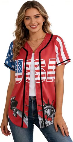 العلم الأمريكي زر أسفل قميص USA البيسبول جيرسي للنساء القمصان الوطنية 4th من يوليو عارضة المحملة بلوزة قمم in Kuwait