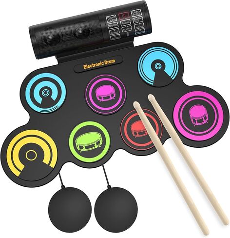 (9 Pads) Electronic Drum Set with Light Up Drumsticks and Stand, Electronic Drum Pad with 5 Different Drum Kit, 10 Unique Rhythms, Bulit-in Double Speakers, Roll Up Drum Kit, Kids Drum Set in Kuwait