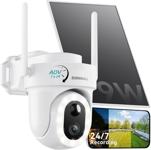ZUMIMALL 8W Solar Security Cameras Wireless Outdoor, AOV 24/7 Recording Cameras for Home Security, 360° View, 2K Color Night Vision, 2-Way Talk, 2.4GHz WiFi, Auto Tracking, SD/Cloud/Alexa/AI in Saudi Arabia