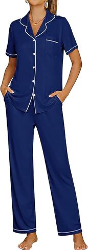 Womens Modal Pajama Set 2 Piece Soft Lounge Set Short Sleeve Button Up Pajama Comfy Pj Pants With Pockets S-3XL in Kuwait