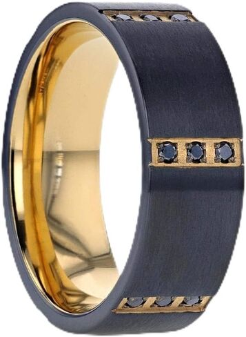 Muramasa | Titanium Ring | Comfort Fit | Flat Brushed Black Titanium Wedding Band Gold Plated Inside with Six Sets of Triple Black Diamonds - 8 mm Wide in Kuwait