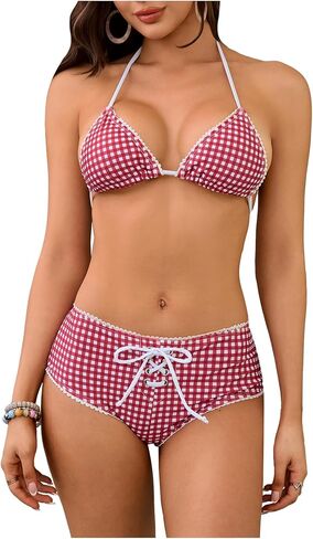 Women's 2 Piece Plaid Bikini Set Gingham Halter String Triangle Bathing Suit Cheeky Swimshorts Swimsuits in Kuwait