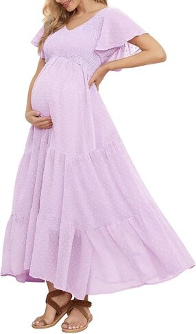 Swiss Dot Smocked Maternity Dress for Baby Shower Photoshoot Casual V Neck Ruffle Sleeve Empire Waist Tiered Boho Dress in Kuwait