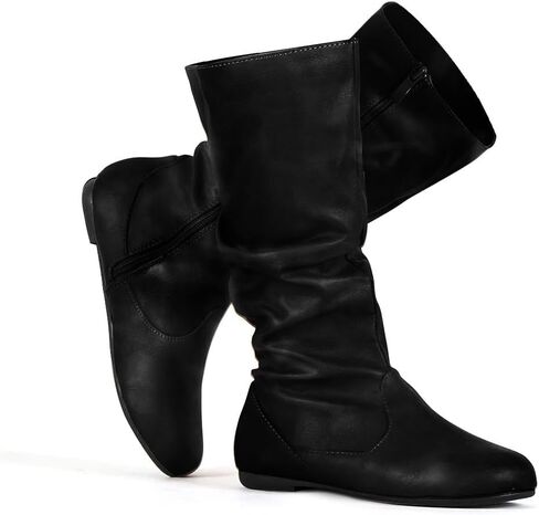 katliu Women's Slouchy Mid Calf Boots Zip up Flat Boots in Kuwait