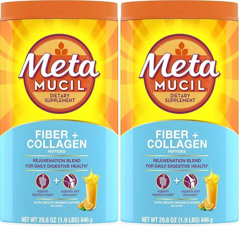 Metamucil Daily Fiber + Collagen, Psyllium Husk Powder, Plant Based, Sugar-Free with Stevia, 3-in-1 Fiber for Digestive Health, Orange Flavored, 90 Doses (29.8 OZ Fiber Powder) in Kuwait