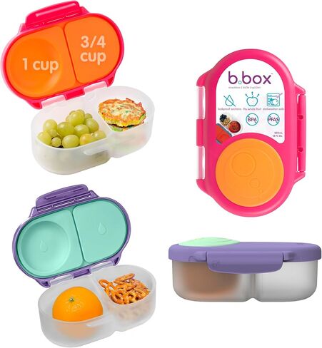 b.box Snack Box for Kids & Toddlers: 2 Compartment Snack Containers, Mini Bento Box, Lunch Box. Leak Proof, BPA free, Dishwasher safe. School Supplies. Ages 4 months+ (Lilac Pop, 12oz capacity) in Kuwait