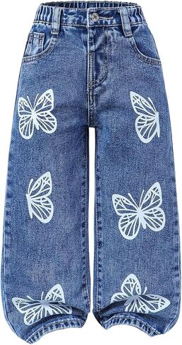 Wdirara Toddler Girl's Gute Graphic Graphic Baggy Jeans مرنة عالية الخصر in Kuwait