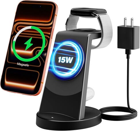 لمحطة شحن الشاحن اللاسلكية Magsafe: 3 في 1 15W Stand Magnetic Qi Charger Stand for iPhone 16e 16e in Kuwait