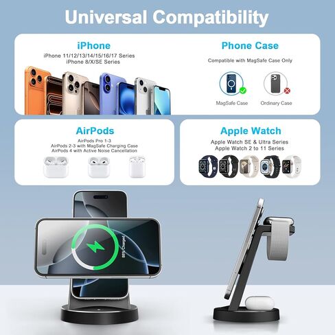 لمحطة شحن الشاحن اللاسلكية Magsafe: 3 في 1 15W Stand Magnetic Qi Charger Stand for iPhone 16e 16e in Kuwait