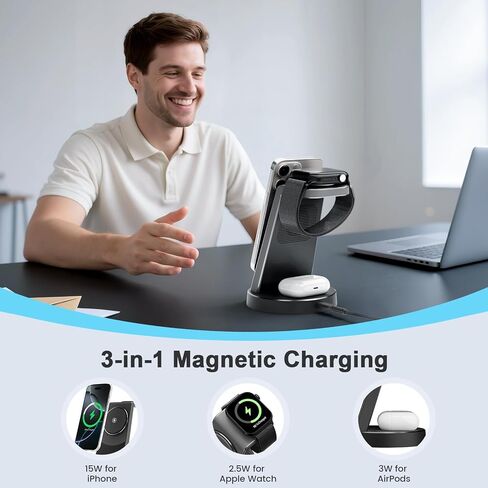 لمحطة شحن الشاحن اللاسلكية Magsafe: 3 في 1 15W Stand Magnetic Qi Charger Stand for iPhone 16e 16e in Kuwait
