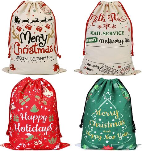 Yoption 4 Pack Large Santa Sack, Christmas Canvas Bags with Drawstrings for Gift Wrapping 19"x27" (Style 2) in Saudi Arabia
