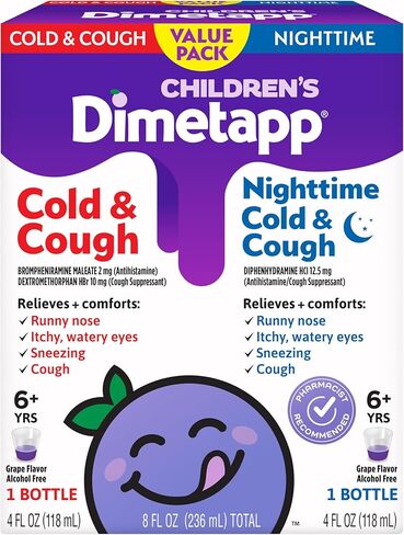 Dimetapp Children’s Day & Night، البرد والسعال، دواء البرد والاحتقان الليلي، مضادات الهيستامين، مزيل احتقان الأنف، مثبط السعال، يخفف احتقان الأنف، نكهة العنب، (2) زجاجات 4 أونصة in Kuwait