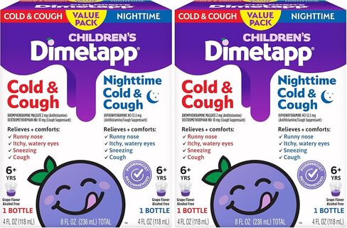 Dimetapp Children’s Day & Night, Cold & Cough, Nighttime Cold & Congestion Medicine, Antihistamine, Nasal Decongestant, Cough Suppressant, Relieves Nasal Congestion, Grape Flavor, (2) 4 Oz Bottles in Kuwait
