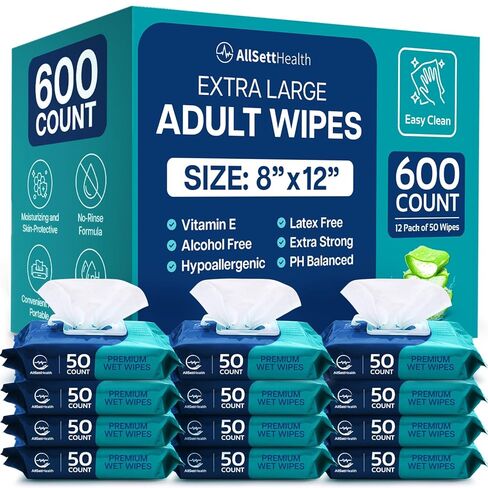 Body Wipes for Adults - XL Wet Wipes 8" x 12" (600 count) | Rinse Free Bathing Wipes - Wash Cloths for incontinence, Disposable Washcloths with Aloe Vera and Vitamin E - Camping, Elderly, Bathing in Kuwait