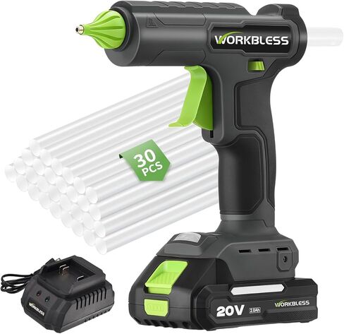 Cordless Hot Glue Gun Full Size with 20V 2000mAh Battery & 30pcs 11mm Clear Glue Sticks, Heavy and Duty 2-3 Min Warm-Up, Leak-Proof Nozzle for Arts, Repair, Woodworking in Kuwait