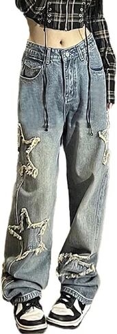 AULKEEP Womens Star Print Gradient Jeans Loose Ripped Graphic Pants Punk High Waist Bottom Jeans with Pocket in Kuwait