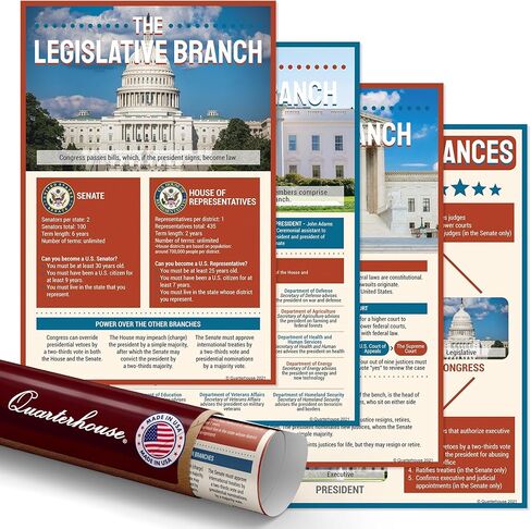 Quarterhouse Three Branches of US Government: Checks and Balances Poster Set, Social Studies Classroom Learning Materials for K-12 Students and Teachers, Set of 4, 12 x 18 Inches, Extra Durable in Kuwait