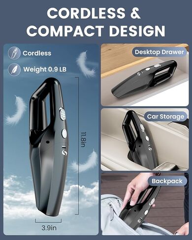 مكنسة كهربائية للسيارة لاسلكية قابلة لإعادة الشحن، مكنسة كهربائية محمولة بقوة 9 كيلو باسكال، شفط قوي، مكنسة سيارة محمولة خفيفة الوزن، ملحقات سيارة صغيرة محمولة باليد للمنزل والمكتب والأريكة وشعر الحيوانات الأليفة والغبار in Kuwait