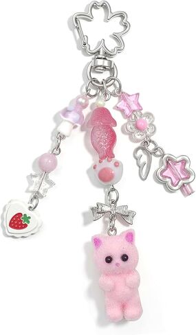 Cute Cat Keychain, Fuzzy Cat Decor Gifts for Cat Lovers, Y2K Heart Bow Pendant, Kawaii Cat Bag Charm in Kuwait