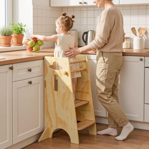 COSYLAND Toddler Standing Tower Adjustable Height - Super Stable Kids Kitchen Stool Helper - 3 Levels Adjustable Wooden Toddler Kitchen Stool (Natural & White) in Kuwait