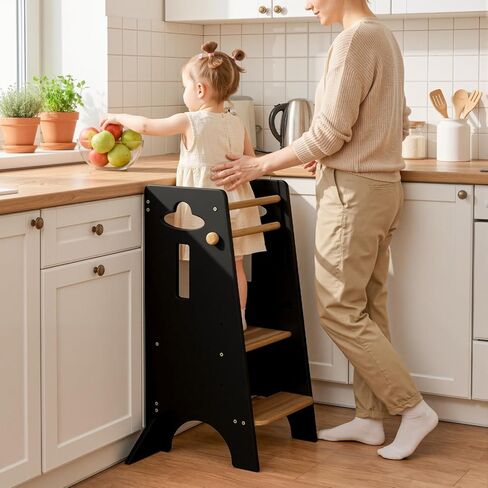 Costyland Toddler Towning Tower Hightable - Super Super Kids Kitch Kitchen Helper - 3 مستويات قابلة للتعديل براز مطبخ خشبي قابلة للتعديل (طبيعي وأبيض) in Kuwait