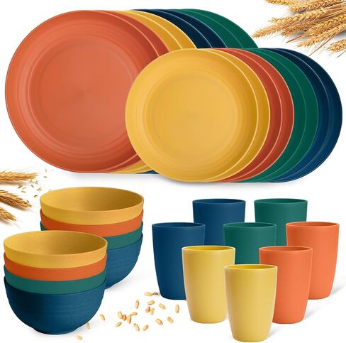 Camping Plates Cups and Bowls Set Green Reusable Microwave Safe Lightweight Unbreakable Plastic Dishes Set for Kids Elderly Kitchen Adults Outdoor,32 Pcs Wheat Straw Dinnerware Sets for 8 in Saudi Arabia