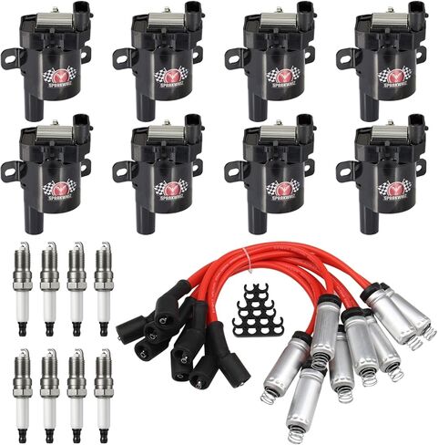 Set of 8 Round Ignition Coils D585+ Spark Plugs+ 748UU 8mm Wires, Compatible with Chevy Silverado 1500 2500 3500 Tahoe Suburban Express Sierra Savana Yukon GMC, Replace UF262 C1512 12622553 in Kuwait