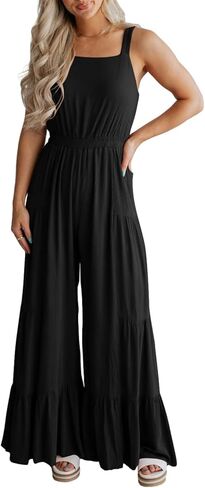 BLENCOT Jumpsuits for Women Summer Casual Loose Sleeveless Overalls Jumpsuit Ruffle Wide Leg Long Flare Pant Flowy Rompers in Kuwait