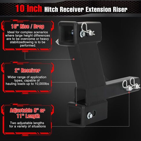 وصلة مقطورة قابلة للتعديل مع ارتفاع/سقوط 2 بوصة و10 بوصة، تناسب جهاز استقبال 2 بوصة، محول تمديد مقطورة ثقيل الوزن 10000 رطل، محول موسع وصلة وصلة مزدوجة للمقطورة مع ساق صلبة 2 بوصة باللون الأسود in Kuwait