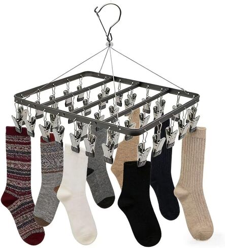 Clothes Drying Racks Clip Hangers Metal with 36 Clips Windproof Hook Underwear Hanger Foldable Laundry Clip for Socks Bras Black in Kuwait