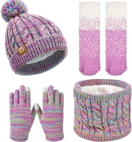 Kids Winter Hat Gloves Set - 4 Pcs Fleece Lined Toddler Winter Accessories, Beanie Scarf Mittens Socks for Girls Age 4-8 Year in Kuwait