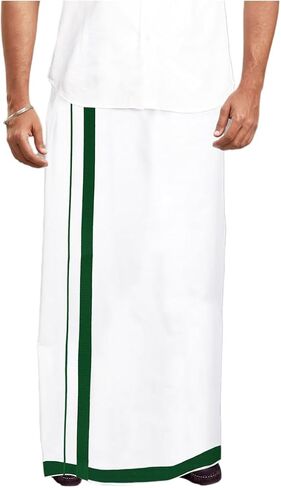 Men's Cotton White Double Dhoti/Mundu/Sarong/Lungi with 1 inch Color Border in Kuwait
