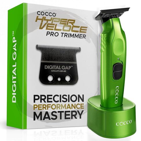 مجموعة Cocco® Hyper Veloce Pro Trimmer: أدوات التشذيب الدقيقة للمحترفين، شفرة الجرافين Digital Gap™ Ambassador، محرك DC عالي عزم الدوران، معدني بالكامل، لاسلكي (إصدار محدود باللون الأخضر) in Kuwait
