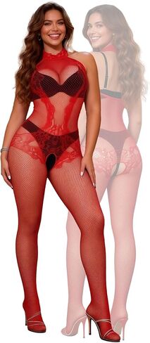 ohyeah Fishnet Bodysuit Lingerie Bodystocking for Women Plus Size Sexy Halter Turtleneck One Piece Lingerie Hollow Jumpsuit in Kuwait