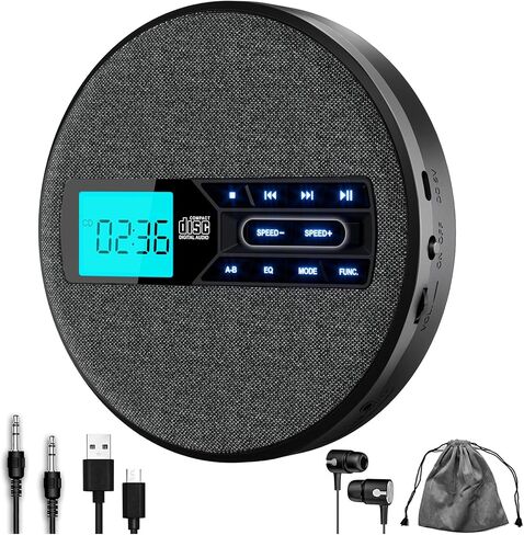 مشغل أقراص مضغوطة محمولة ، مشغل أقراص مضغوطة محمولة قابلة لإعادة الشحن مع مكبرات صوت مزدوجة ومكافحة SKIP ، CD ، USB ، AUX ، شاشة LCD ، زر الإضاءة الخلفية ، 5 Eq ، A-B تكرار ، 10 سرعات لأقمشة السيارة المنزلية الأسود in Kuwait