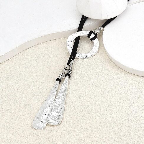 GIGB PBDK Leather Lariat Y Necklace Boho Black Suede Silver Geometric Pendant Circle Choker Aesthetic Beach Statement Accessories Jewelry Gift for Women in Saudi Arabia