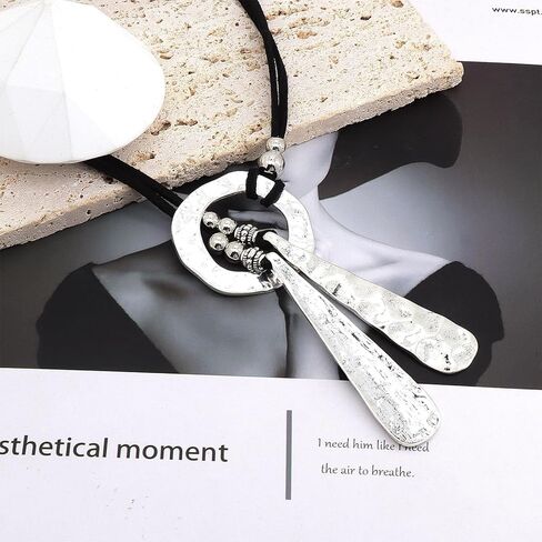 GIGB PBDK Leather Lariat Y Necklace Boho Black Suede Silver Geometric Pendant Circle Choker Aesthetic Beach Statement Accessories Jewelry Gift for Women in Saudi Arabia