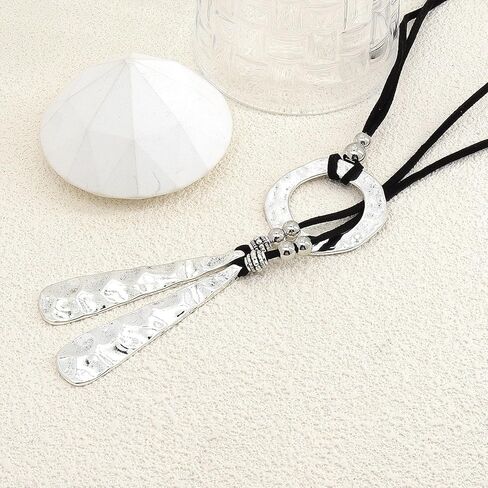 GIGB PBDK Leather Lariat Y Necklace Boho Black Suede Silver Geometric Pendant Circle Choker Aesthetic Beach Statement Accessories Jewelry Gift for Women in Saudi Arabia