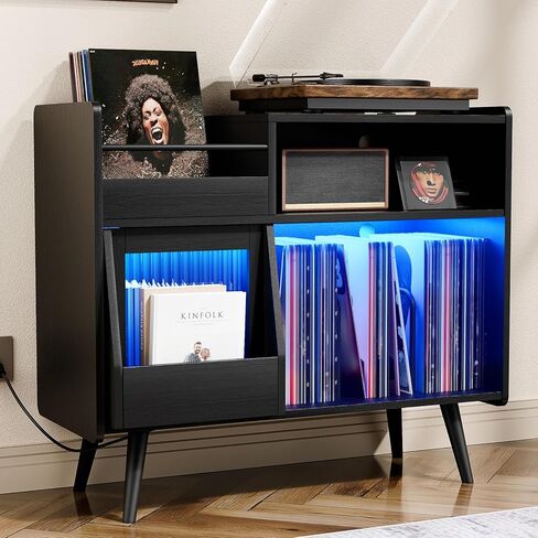 Large Record Player Stand with Sliding Door,350 Vinyl Record Storage Cabinet, Record Player Table with Power Outlet and LED Light,Turntable Stand with Wood Legs for Living Room,Office in Kuwait