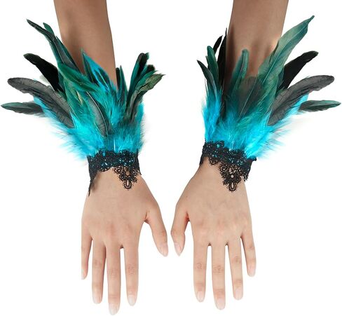 Halloween Long Nail Gloves Witch Nature Feather Cuffs Gloves Cosplay with Feather Demon Gloves in Kuwait