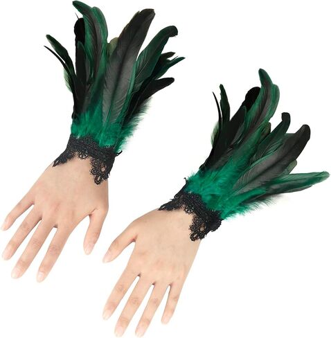 Halloween Long Nail Gloves Witch Nature Feather Cuffs Gloves Cosplay with Feather Demon Gloves in Kuwait
