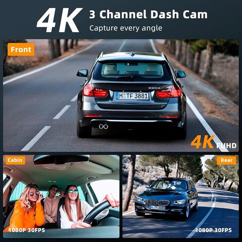 4K 3 Channel Dash Cam Built-in 5G WiFi GPS, STARVIS 2 Sony Night Vision, 4K+1080P+1080P Front Inside and Rear Car Camera, 24Hr Parking Mode, G-Sensor, HDR, 64GB Card Included, Loop Recording in Kuwait