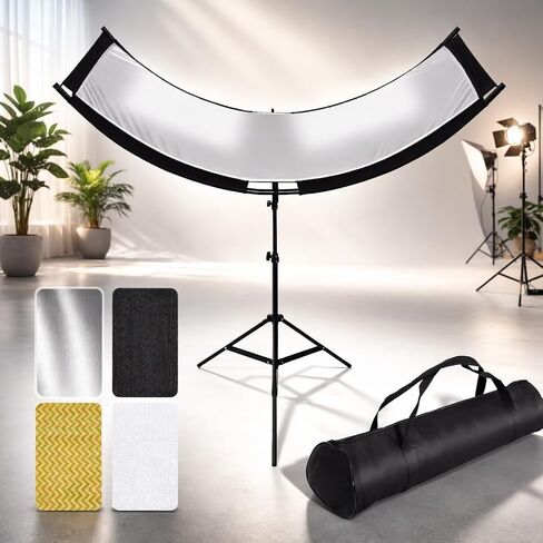 Clamshell Light Reflector Diffuser with Stand and Carrying Bag, 70"x24"/180x60cm Arclight Curved Lighting Reflector for Photo Studio Photography with White/Gold/Silver/Black Colors by MCCKLE in Kuwait