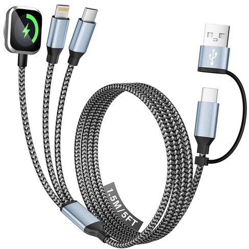 السفر 3 في 2 كبل شحن لشاحن Apple Iwatch ، أساسيات السفر USB-A/USB-C كابل/سلك متعدد الشحن لجميع الأجهزة المتوافقة مع IWatch Ultra/SE/10-1 ، iPhone16 15 14 ، Android-5ft in Kuwait