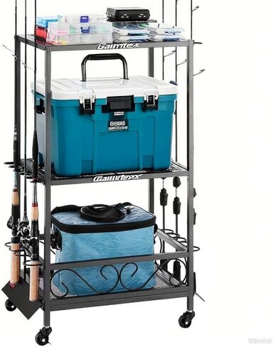 VEVOR Fishing Rod Holder for 15-Rods, Mobile Fishing Pole Rack Cart with Wheels, Fish Gear Equipment Organizer for Garage Home Indoor Use, for Tackle Box Reel Accessories Storage, Gifts for Men in Kuwait