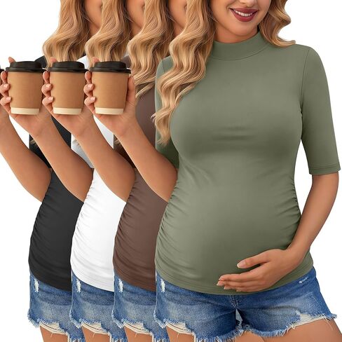 4 Pack Women's Maternity Shirts Mock Turtleneck Half Sleeve Maternity Top Cotton Side Ruched Casual Pregnancy Tees in Kuwait
