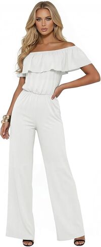 Hybrid & Company Women's Lightweight Off Shoulder Jumpsuit – Stretchy Wide Leg Romper – Casual to Formal One Piece Outfit in Kuwait