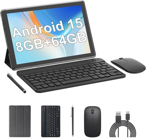 10 Inch Android Tablet 2 in 1 Tablet with Keyboard 64GB ROM 4GB RAM 1TB expansion 10.1" Tablets include Mouse Case Stylus 10 IN Tab 8MP+2MP Cameras 6000mAh Battery Bluetooth Wifi6 Android Tableta. in Kuwait