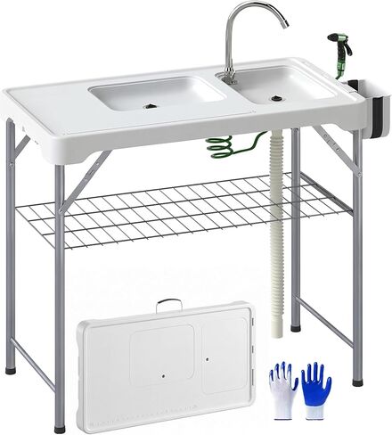 Outsunny Folding Fish Cleaning Table with Sinks, Portable Camping Sink Table with Faucet, Drainage Hose, Sprayer, Shelf, Drawer and Storage Basket, Outdoor Fillet Table for Picnic Beach Patio, Tan in Saudi Arabia